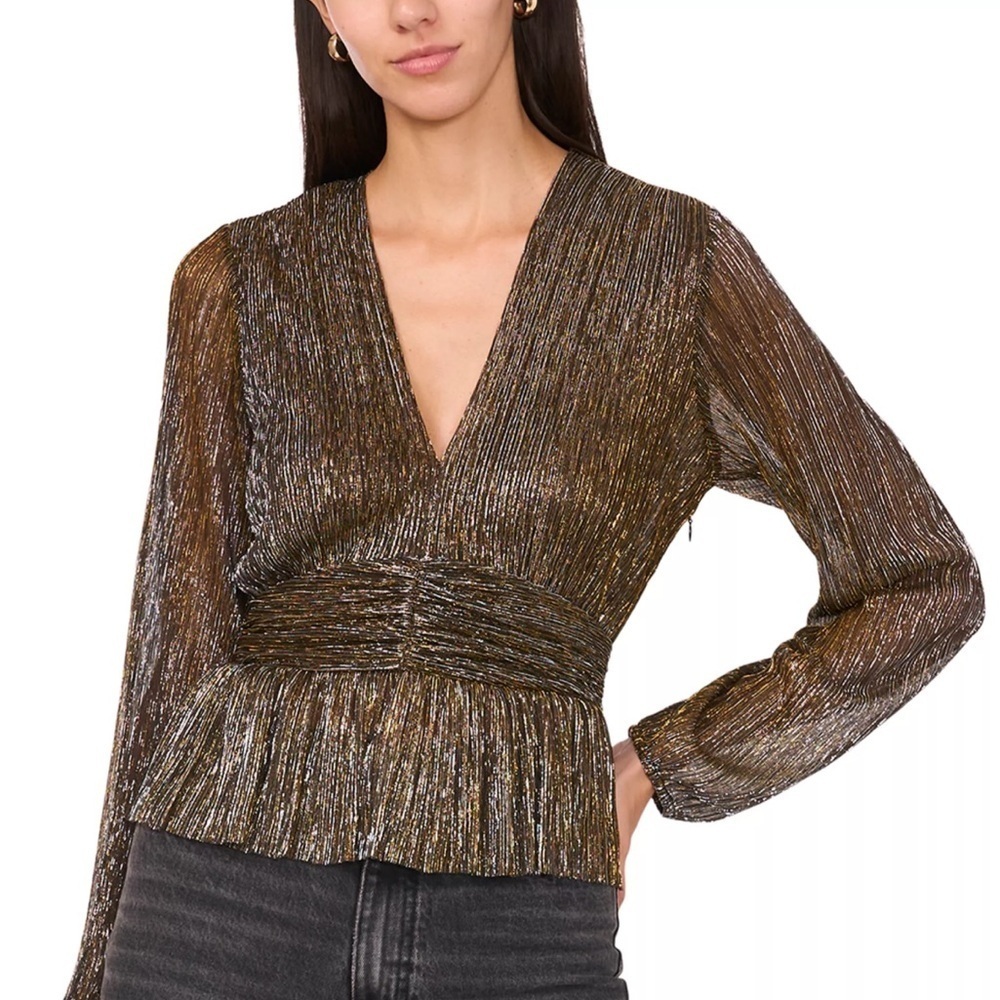 Parker Olivia Metallic Stripe V-Neck Peplum Blouse Top Black Copper Silver XXS